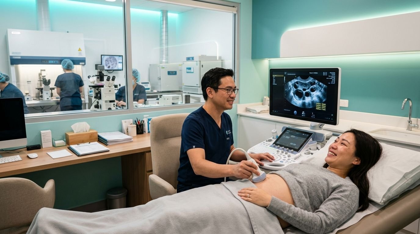 ThS.BS Đào Đức Tùng đang theo dõi siêu âm nang noãn nhẹ nhàng và chuyên viên Lab đồng hành